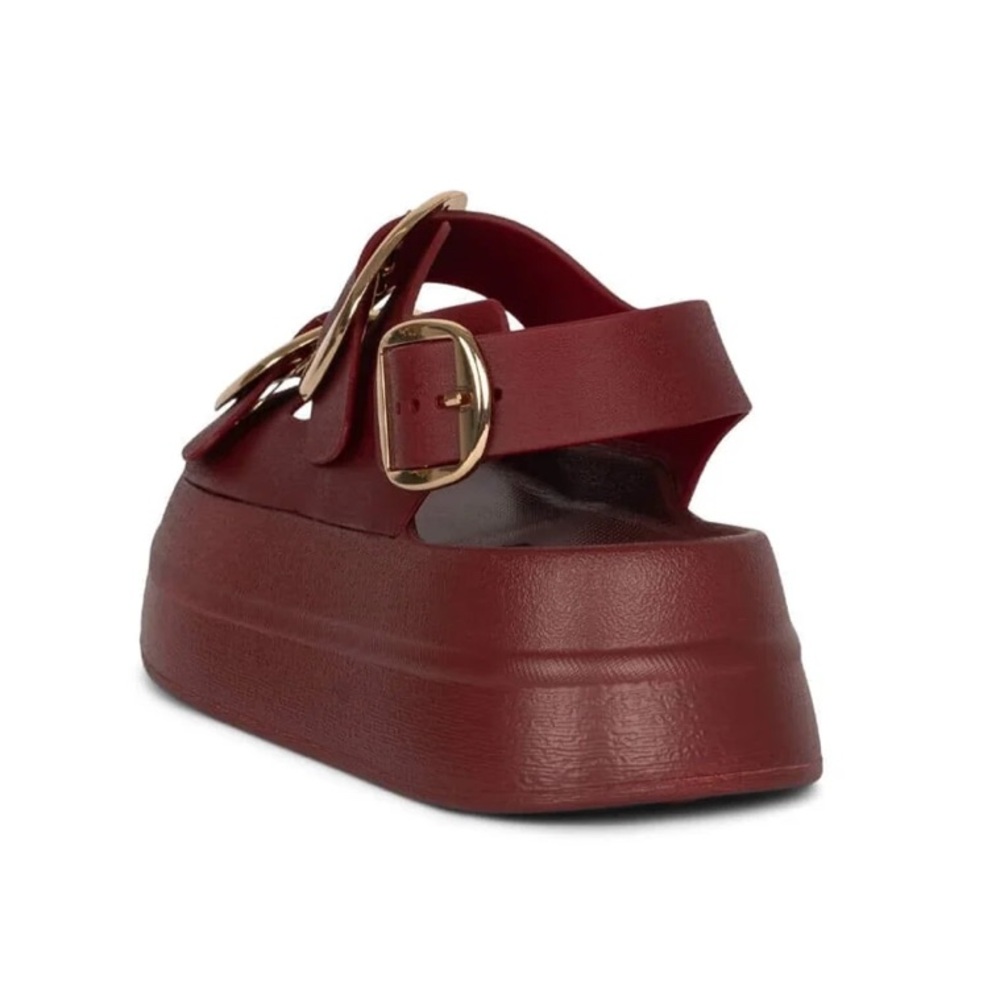 Jeffrey Campbell Platform Sandals – Burgundy with Gold Buckles